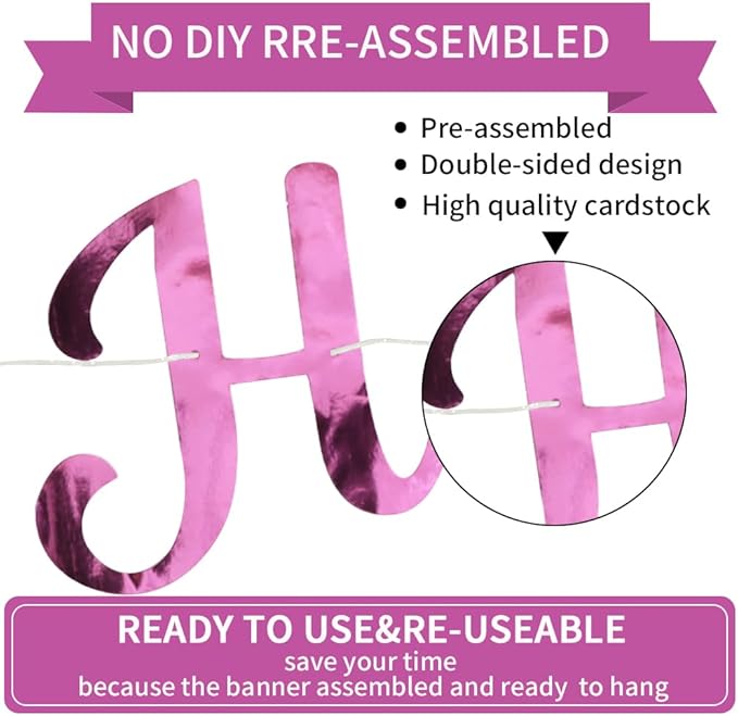 BEISHIDA Happy Birthday Banner - NO DIY,Double-Sided Pink 10Feet Pre-Strung-Glitter Birthday Sign Garland Backdrop Decorations for Women men Party