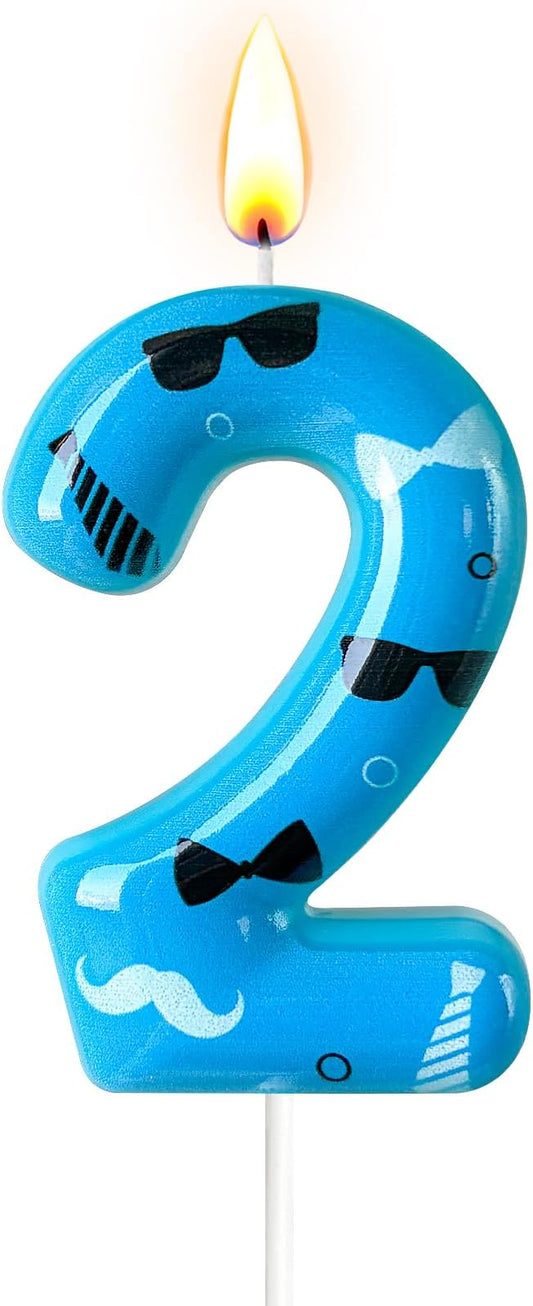Number 2 Birthday Candle for Cake – Blue Gentleman Style with Sunglasses, Bow Tie & Mustache Design – Cool Cake Topper for Birthday Party Decoration