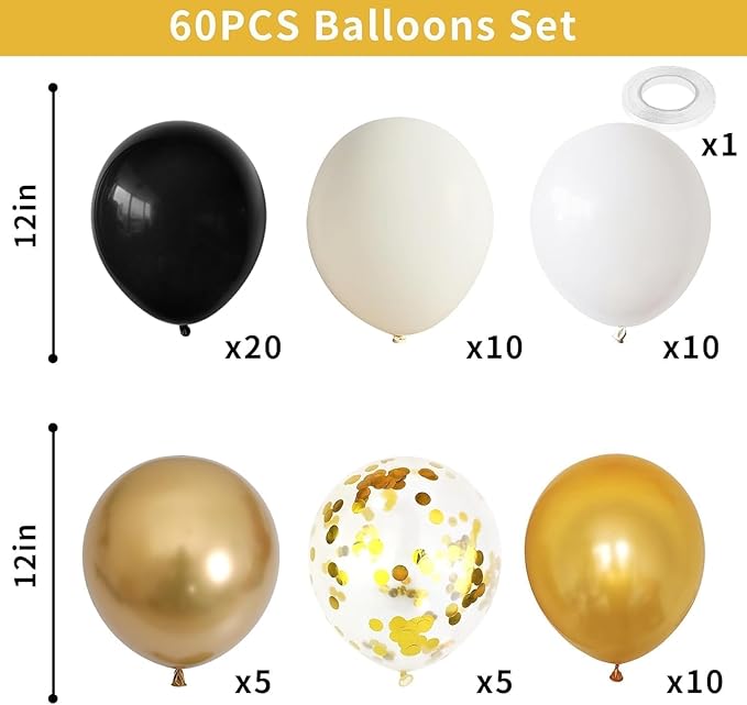 Dagelar Black Gold Beige Balloons, 60PCS Black Gold White Sand Balloons Party Balloon with Metallic Gold Confetti Party Balloon for Graduation, Weddings, Birthday, New Year Decorations