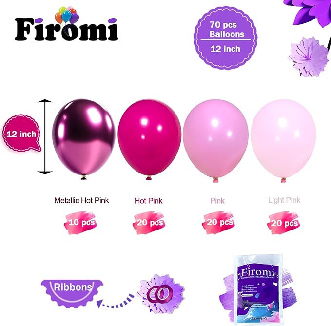 Firomi Metallic Pink Balloons Set 12-inch 70 pack Metallic Chrome Hot Pink Latex Balloons Pink and Light Pink Balloon for Birthday Wedding Party (with 2 Ribbons)