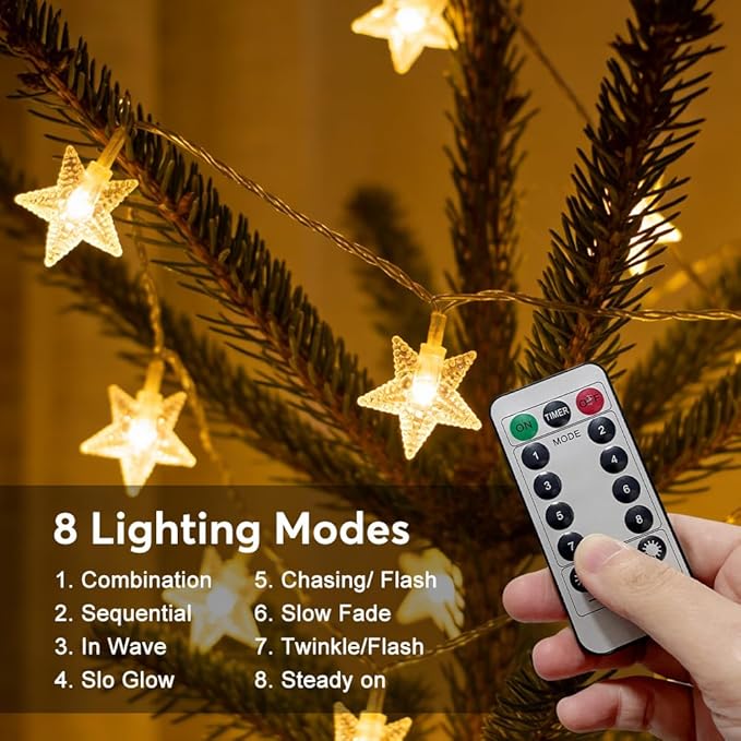 RaThun 49.2ft Warm White Star String Lights, 100 LED with 16ft Extended Lead Wire & Remote, 8 Modes, IP44 Waterproof Plug in Linkable Lights for Outdoor Indoor Party Wedding