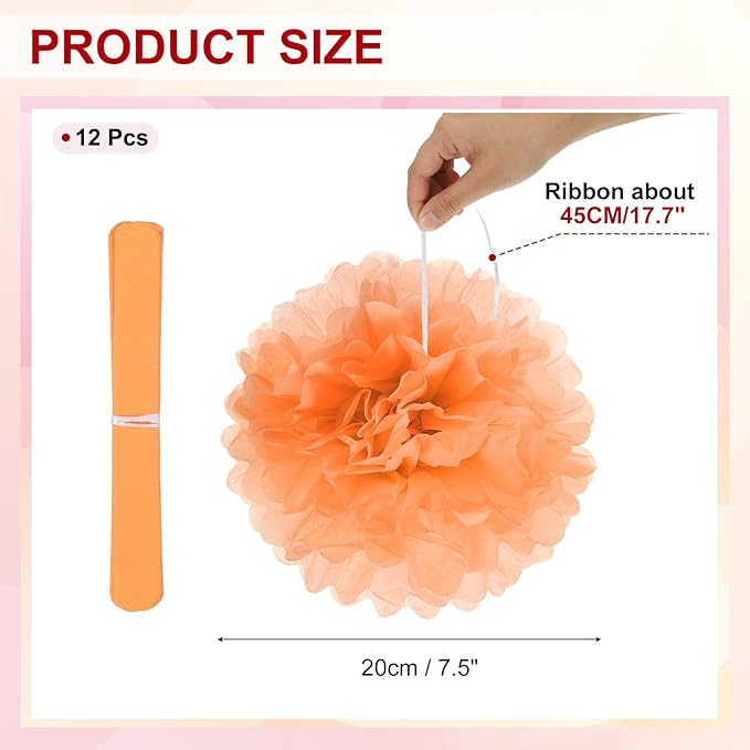 PATIKIL 8inch Tissue Paper Pom Poms, 12PCS Pom Poms Paper Flowers Ball Tissue Paper Flowers for Wedding Bridal Shower Birthday Bachelorette Party Backdrop Decoration, Orange