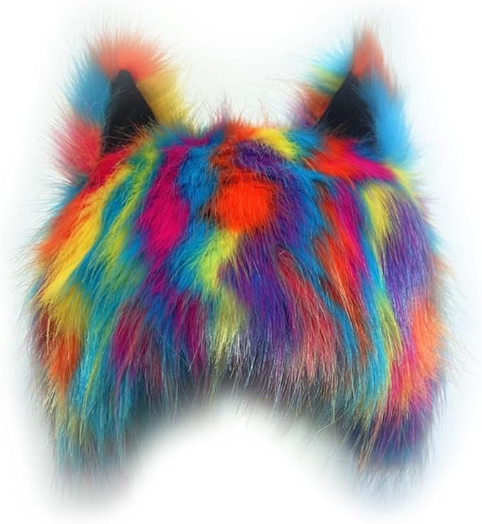 PURFUN Colorful Faux Fur Earflap Hats with Cat Ear, Adults Cosplay Halloween Animal Theme Wolf Cat Hooded Hat Costume Caps
