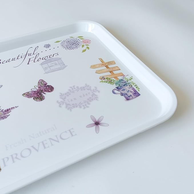 Large Serving Platter Melamine Trays 2 Pack Stackable Food Tray with Floral Print for Gift, Party, Decor, Home, Restaurant (Purple Lavender, Large)