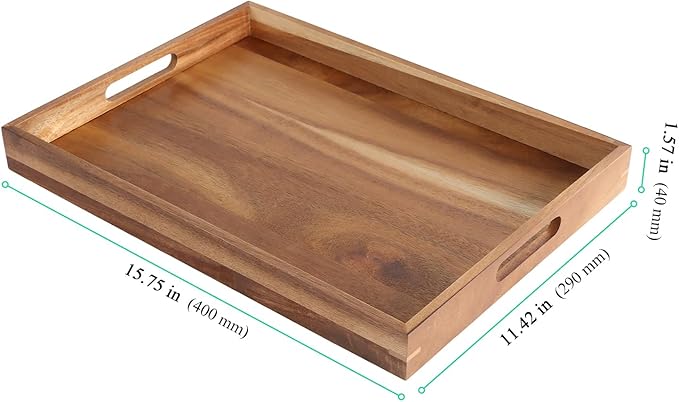 2 Pack Wood Serving Tray, 11.41 x 15.7 Inches Wooden Decorative Trays with Handles for Breakfast, Food, Drinks, Brown, Rectangle