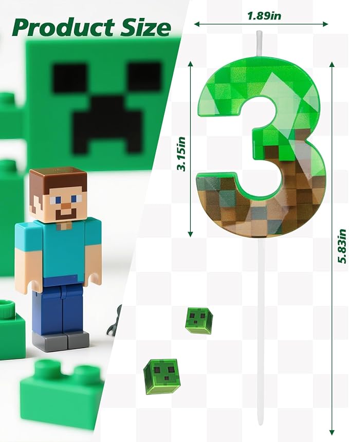 Pixel Birthday Candle, 2.68 Inch Miner Number Candles, Game Themed Candle Birthday Decoration for Pixel Theme Birthday Anniversary Dynamite Video Game Party (Green, 3)