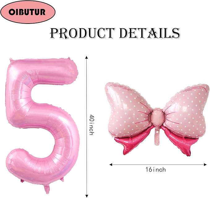 40 inch Number 5 Balloon with Bow Pink Happy Birthday Jumbo Number Balloon for Girls Daughter Birthday Decorations Party Supplies (Number 5)
