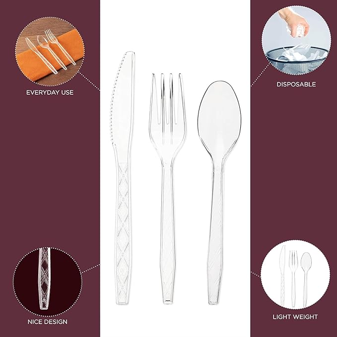 PARTY BARGAINS Argyle Settings Clear Plastic Cutlery Set 720‑Piece – 360 Forks, 240 Spoons, 120 Knives – Heavy‑Duty Disposable Utensils for Parties, Weddings, Buffets, BBQs & Catering – BPA Free