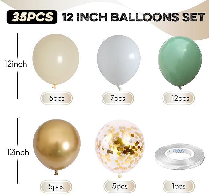Sage Green Gold Balloons, 12 Inch Green White Metallic Gold Balloons, Olive Sand White Balloon Golded Confetti Latex Balloon for Birthday Wedding Baby Shower Party Decoration