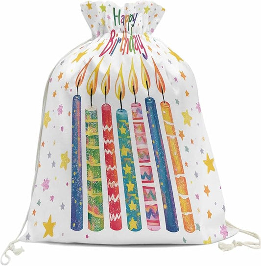 Victoroes Happy Birthday Drawstring Gift Bags 1 Piece, 27.5" x 31.5" Large Colorful Star Candles Gift Bag Reusable Fabric Wrap Bags for Wedding Party Birthday Christmas Seasonal Holiday
