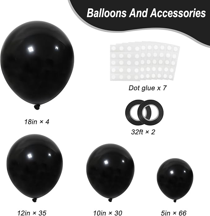 RUBFAC 135pcs Black Balloons Different Sizes 18 12 10 5 Inch for Garland Arch, Latex Balloon for Halloween Party Birthday Wedding Decorations