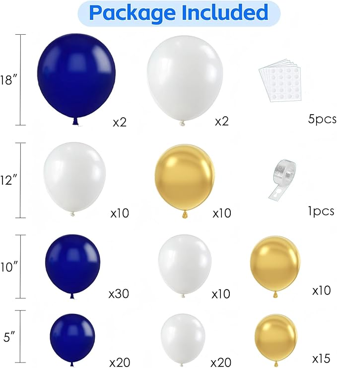Navy Blue Gold Balloons Arch Kit, Double Stuffed Pearl White Blue Gold Chrome Balloons Garland Kit for Birthday Graduation Father's Day New Year Bridal Shower Wedding Party Decoration