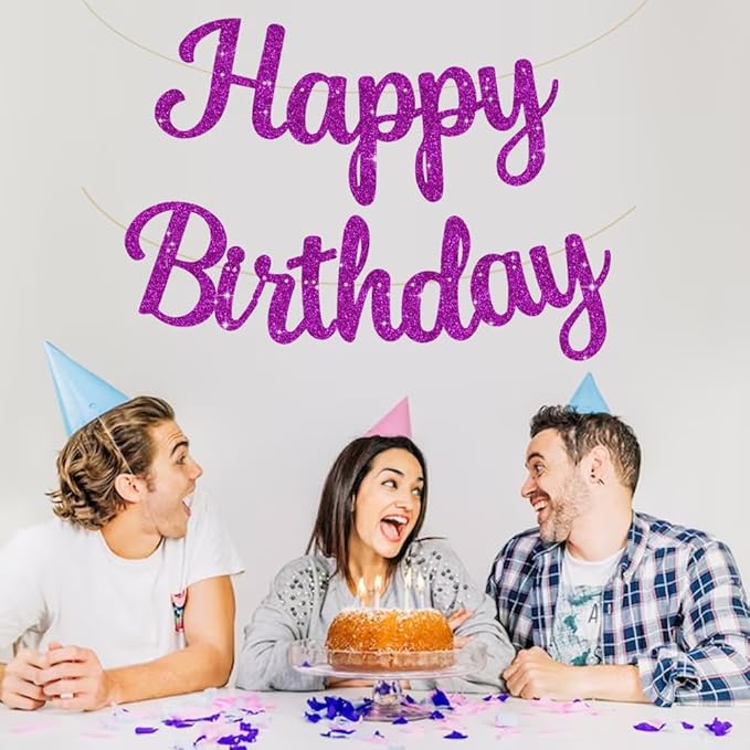 BEISHIDA Happy Birthday Banner - NO DIY,Purple 10Feet Pre-Strung-Glitter Birthday Sign Garland Backdrop Decorations for Women men Party