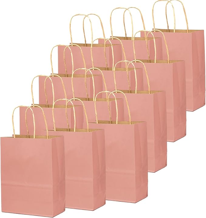 qiqee 32Pcs Small Size Light Pink Kraft Paper GIft Bags with Handles - 8.3"x6"x3.15" Kraft Small Party Bags