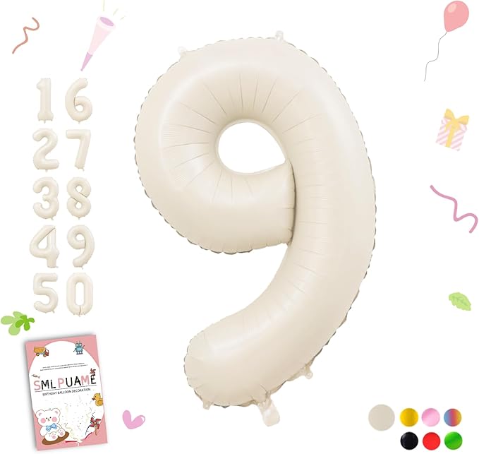 40 Inch Beige Number 9 Balloons for 9th Birthday Decorations Boys Girl, Giant Self-Sealing Cream Foil Number 0-10 White Sand Balloon for Women Men Party Anniversary Baby Shower Supplies