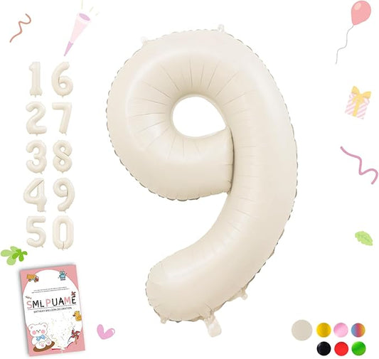40 Inch Beige Number 9 Balloons for 9th Birthday Decorations Boys Girl, Giant Self-Sealing Cream Foil Number 0-10 White Sand Balloon for Women Men Party Anniversary Baby Shower Supplies
