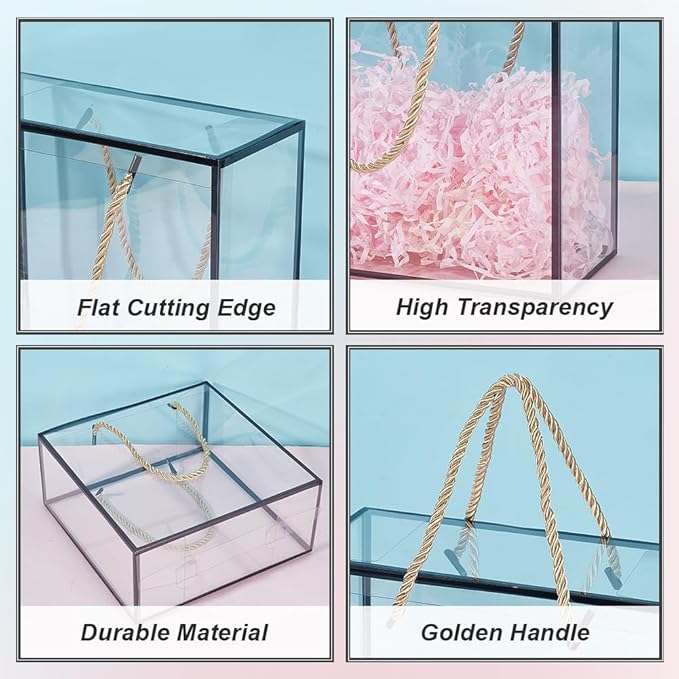 BENECREAT 10 Packs Clear PET Plastic Gift Box, 7.8x7.8x3.5 Inch Treat Gift Boxes with Black Border and Handle, Favor Box with Cord for Mother's Day, Birthday Party, Wedding Favours