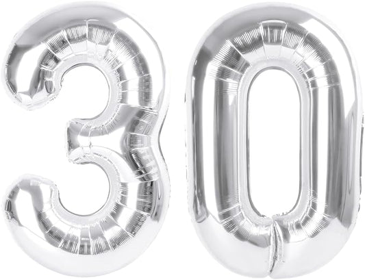 Number Balloon 30, 40 Inch Happy 30th Birthday Decoration for Her Him, Silver Foil Number Balloons for Celebration Engagement Memorial Day's Big Event Supplies