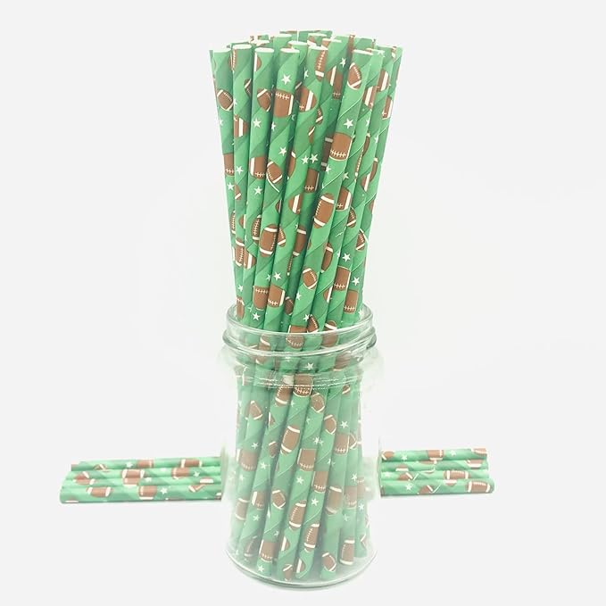 100 pcs Sports Party Paper Straws, Ombre Green Stripe White Star Brown Rugby Football Bar Soda Beer Drinking Straws, Cute Biodegradable Decor Game Day Cake Pop Sticks (Green With Football)