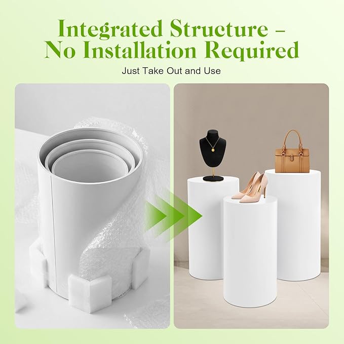 White Cylinder Stands for Party Set of 3 Cylinder Pedestal 3 Sizes(19.68/21.65/23.62Inch) Load Capacity 44-66lbs Pedestal Display for Weddings, Birthday Parties