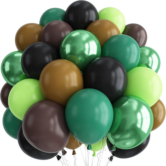 Retro Green and Brown Balloons Kit, Camo Dark Metallic Green Lime Brown Black Latex Balloons Set for Boy Video Game Jungle Theme Birthday Baby Shower Army Dinosaur Party Decorations