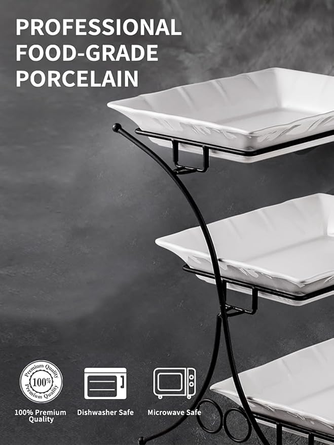 YHOSSEUN Large Tiered Tray Stand, 3 Tier Serving Tray Porcelain Baking Set with Serving Stand 3 Tier Buffet Server for Fruit, Dessert, Food Display Stand for Party, Thanksgiving