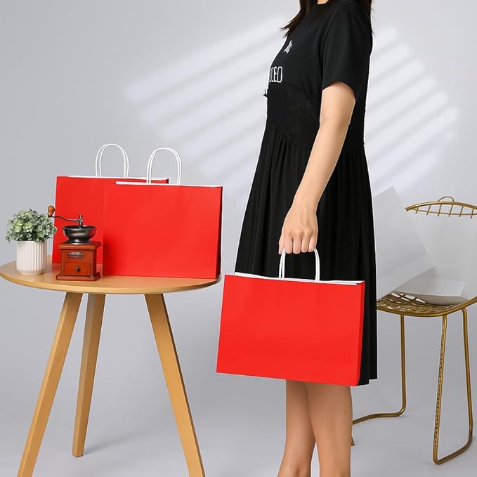 SUNCOLOR Red Gift Bags with Handles, 25 Pack Large 13x10x5.5 Inch Paper Party Favor Bags for Birthday Wedding Shopping Retail