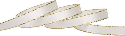 3/8" Double Face Satin Ribbon with Gold Edge 25 Yards (810-Ivory) , Set For Gift Wrapping, Party Decor, Wedding and Craft