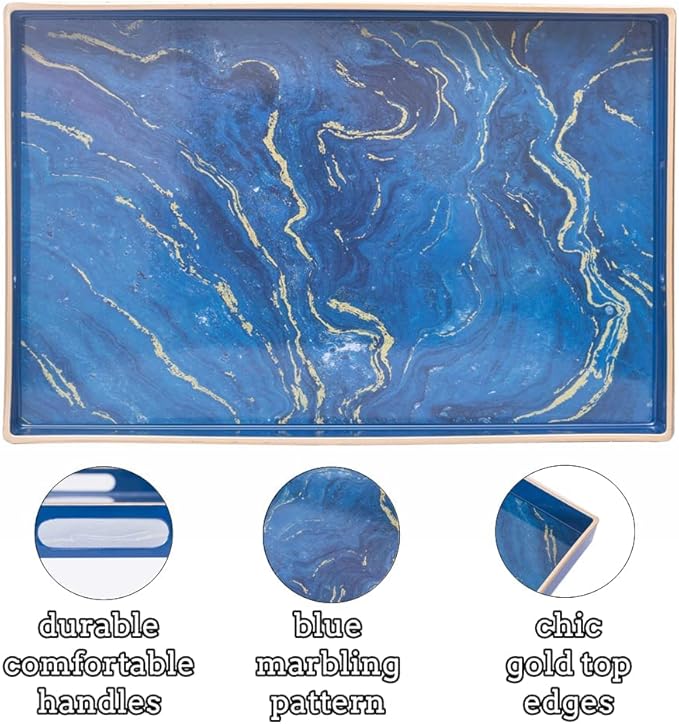 MAONAME Decorative Tray, Plastic Marbling Tray with Handles, Rectangular Coffee Table Trays and Serving Trays for Ottoman, Bathroom, 15.7” x 10.2”, Blue