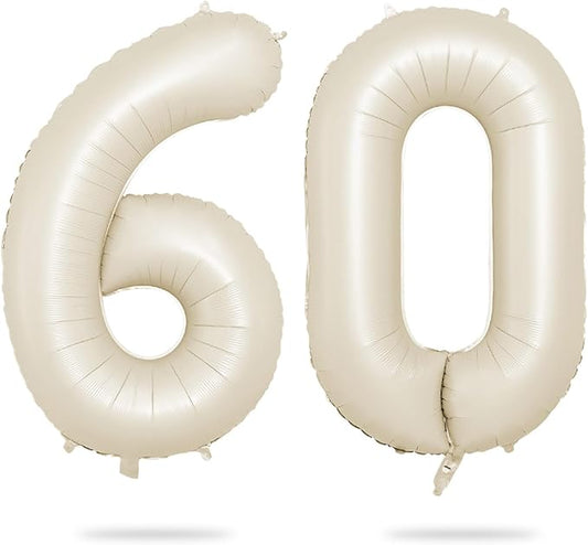 Biapian 40 Inch Cream Number 60 Balloon, 60th Birthday Balloons, Big Digital 60 Beige White Giant 60 Foil Balloon Helium for Men Women 60th Birthday Decorations Anniversary Baby Shower Party Supplies