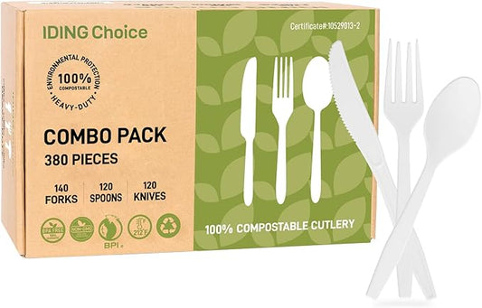380 Count Heavy Duty Compostable Cutlery Set 140 plastic forks 120 spoons 120 knives eco-friendly no plastic silverware compostable utensils for Weddings, Parties, Office, Camping, Picnic
