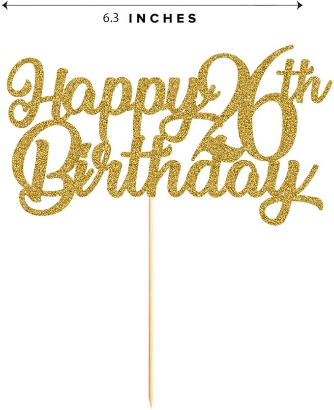 26th Birthday Cake Topper, Gold Glitter Cheers To 26 Years Party Decoration, Supply