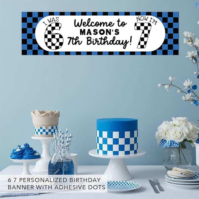 Andaz Press 13x48 Inch Custom 6 7 Birthday Banner Decorations, Personalized Birthday Banner with Custom Name, Blue Checkered Theme 67 Happy Birthday Party Banner for Boys, Home or Party Décor