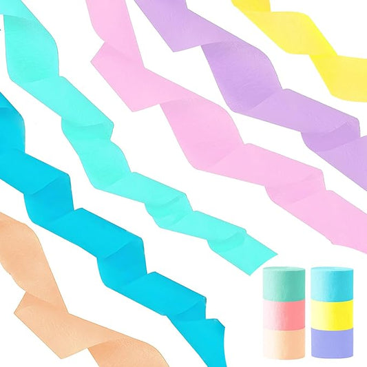 Pastel Crepe Paper Streamers, Party Streamers for Birthday Party,Graduation Decorations,Light Pink, Purple, Yellow, Peach, Green, Blue, 6 Rolls（82 Feet Long x 1.77 Inch）
