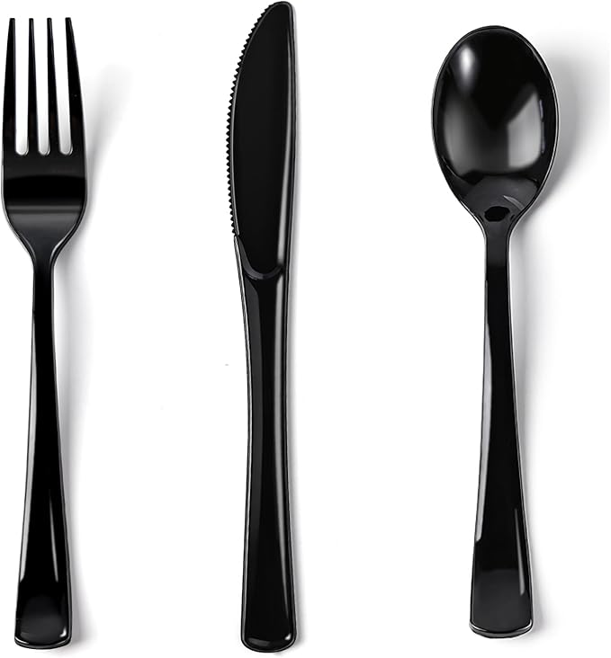 N9R 200PCS Black Plastic Silverware, Heavy Duty Black Plastic Cutlery Set Disposable Flatware Dinnerware, 100 Forks, 50 Knives, 50 Spoons for Outdoor Events, Party, Wedding and Daily Use