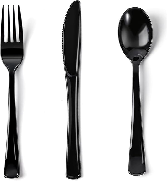 N9R 200PCS Black Plastic Silverware, Heavy Duty Black Plastic Cutlery Set Disposable Flatware Dinnerware, 100 Forks, 50 Knives, 50 Spoons for Outdoor Events, Party, Wedding and Daily Use