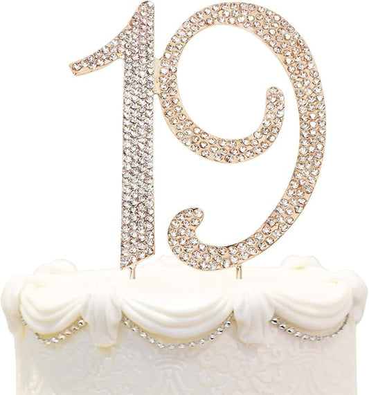 Bling Crystal Rhinestone 19 Birthday Cake Topper - Best Keepsake | 19th Party Decorations Gold