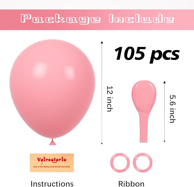 Voircoloria 105pcs Retro Pink Balloons 12inch Party Latex Balloons for Boys Girls Birthday Baby Shower Gender Reveal Wedding Sunflower Party Decorations