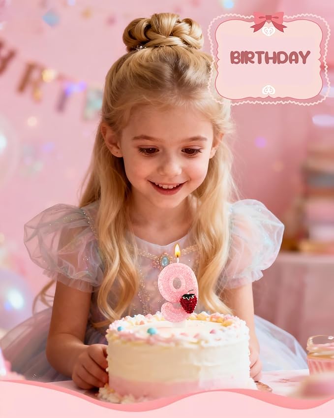 Birthday Candles for Cake, Pink Number Candles, Cake Candles with Greeting Card for Birthday Party Wedding Anniversary Celebrations (Strawberry 9 Candle)