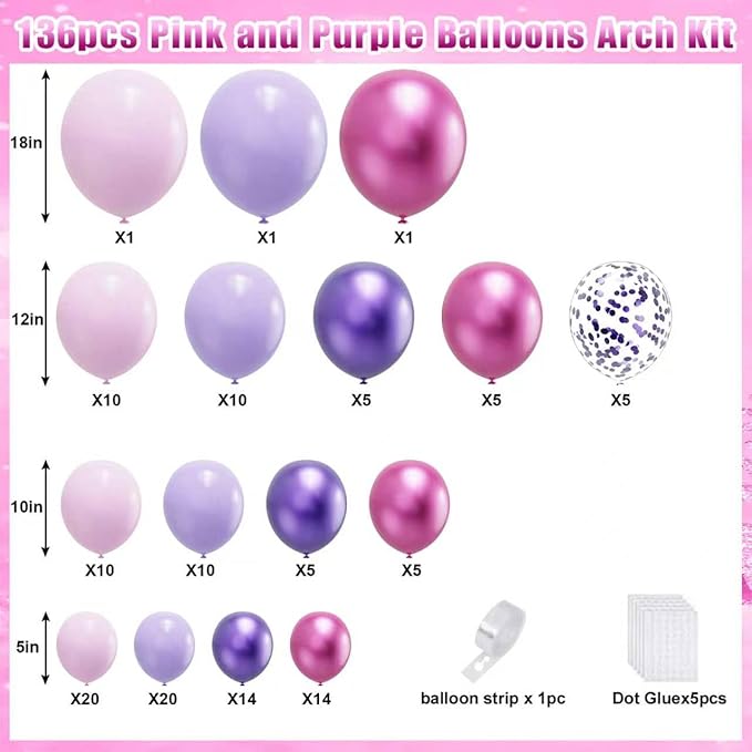 YMSZ Pink and Purple Balloons, 136pcs Pink and Purple Balloons Garland Arch Kit with Different Sizes for Girls Women Birthday Baby Shower Wedding Party Decorations