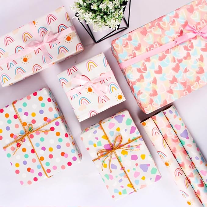 Pink Gift Wrapping Paper, Birthday Wrapping Paper for Girl w/Gift Tags, Rainbow Polka Dots Heart Gift Wraps for Birthday, Valentines Day, Christmas, Wedding, Baby Shower, 4 Sheets 27.5x19.6inch