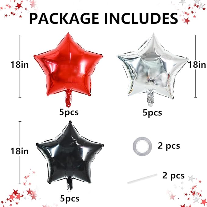 TONIFUL 15Pcs 18 Inch Large Silver Red Black Star Shape Foil Balloons Big Stars Helium Mylar Ballons for Birthday Wedding Bridal Shower Anniversary Engagement Party Decorations Supplies