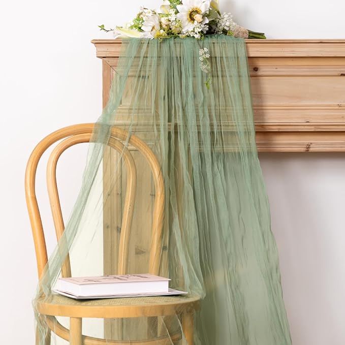 Socomi Sage Green Cheesecloth Table Runner Tulle Gauze Cheese clothBoho Rustic 120 inch 10FT Runner for Wedding Party Baby Shower Birthday Holiday Decorations 3pcs