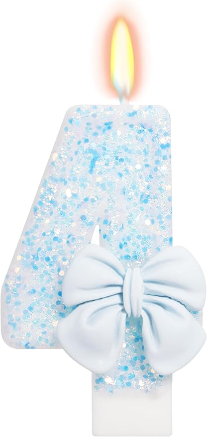 Birthday Candle for Cake, Blue Bow Number Candles, 2.76 inch Number, Cake Topper Decoration for Birthday Party (Number 4)