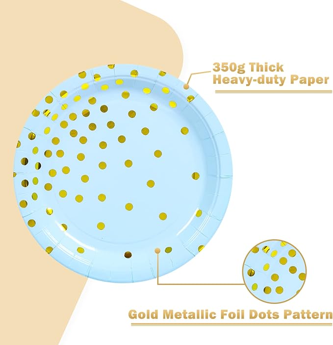 Blue Gold Paper Plates 100PCS,Pink and Gold Dots Dessert Plates,Disposable Round Party Supplies great for Baby Shower,Birthday,Wedding,Bridal Showers(7inch)