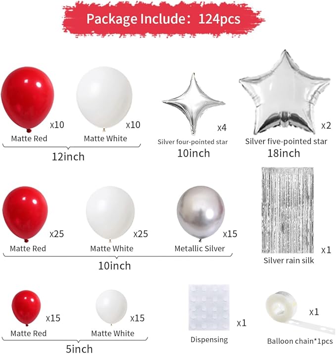 Red White Silver Balloon Garland Arch Kit, Red and White Metallic Silver Balloons Tinsel Foil Fringe Curtain for Wedding Birthday Engagement Graduation Valentines Party Decorations
