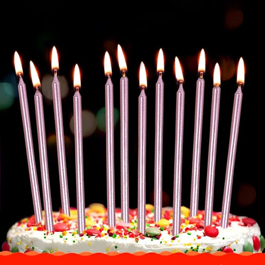 12 Count Long Thin Champagne Pink Birthday Cake Candles in Holders for Birthday Wedding Party Cupcake Decorations Tall Candles