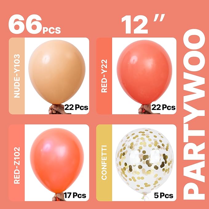 PartyWoo Red Gold and Nude Balloons 66pcs 12 10 Inch Pearl Coral Red Nude Apricot Gold Confetti Balloons for Graduation Baby Shower Birthday New Year's Eve Anniversary Bachelorette Party Decorations