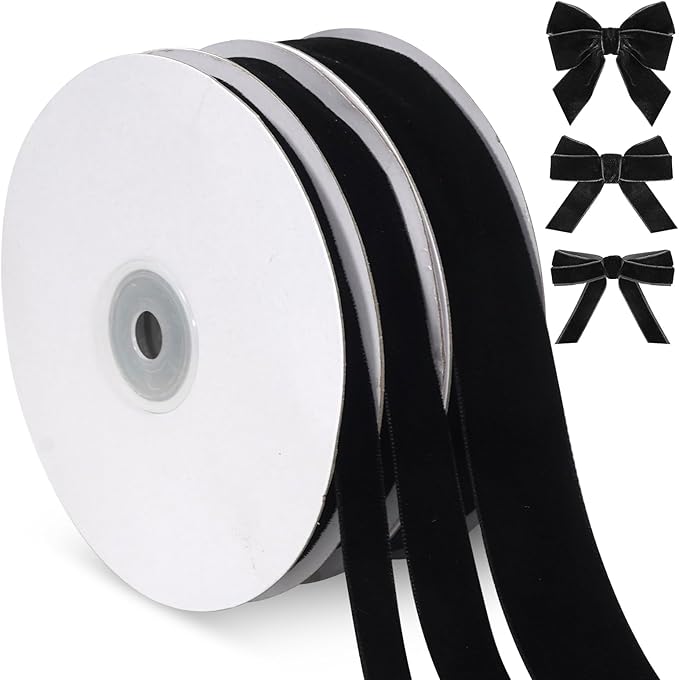 Black Velvet Ribbon, Vintage Christmas Velvet Ribbon for Gift Wrapping Christmas Tree Ornaments, 3 Rolls 3/8, 5/8, 1 inch Wide, 30 Yards Totally, Craft Ribbons Trim for Wedding Invitations, Wreaths