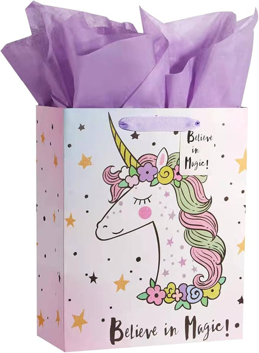 Bobobag 13" Large Gift Bag with Tissue Paper for Girls happy Birthday gift bags (Unicorn)